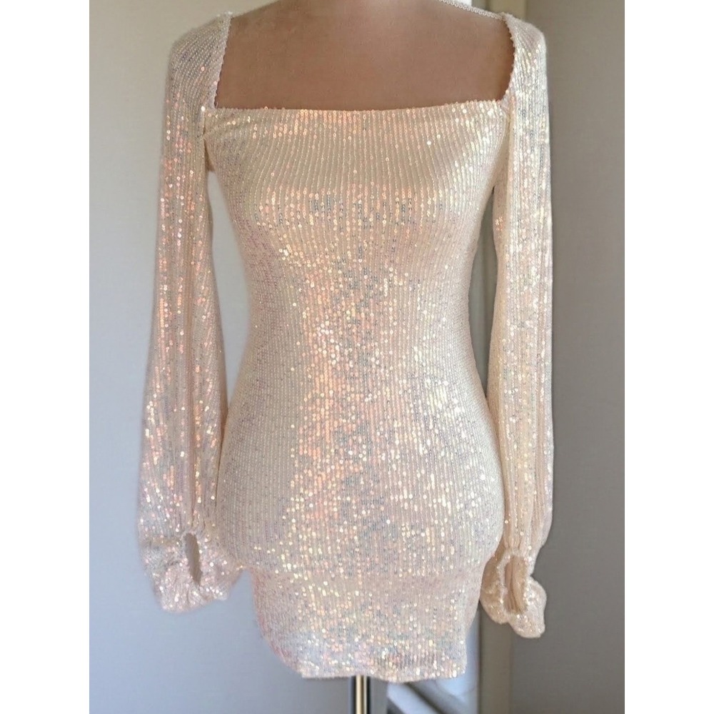 Lucy in the Sky large Sequin Long Sleeve Mini Dress Champagne Open Back HOCO - Picture 4 of 9
